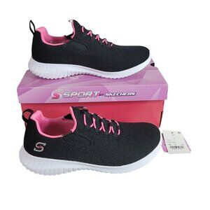 Skechers S Sport Vana Performance Sneakers Black Pink Size 3 Bungee Slip On NEW